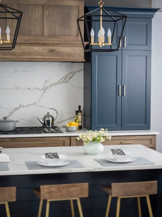 navy and wood cabinets