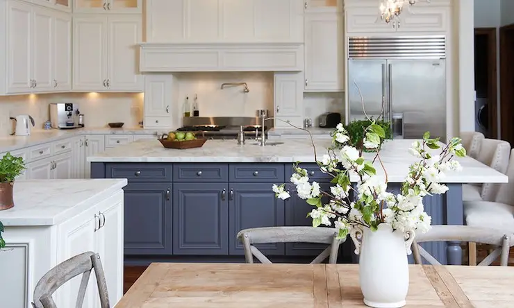 cream and navy kitchen cabinets