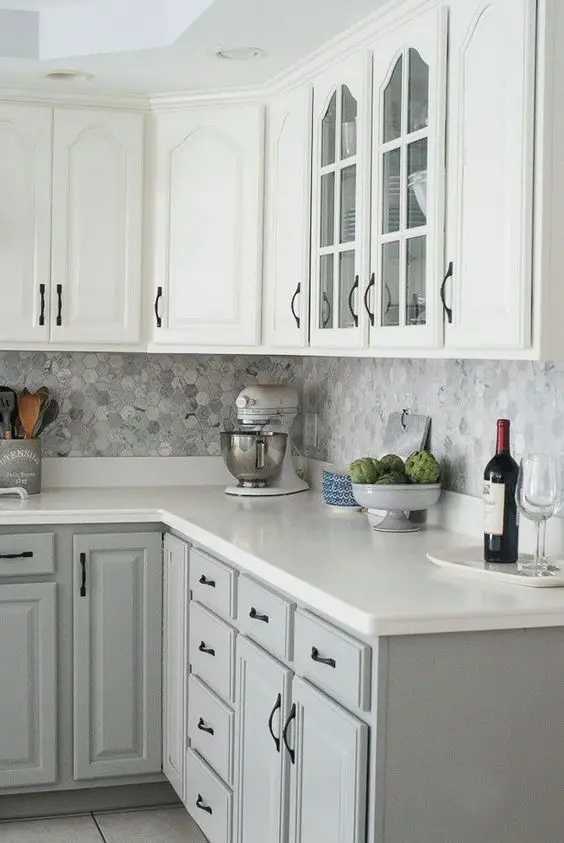blue gray cabinets and white cabinets