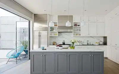 grey and white kitchen with island