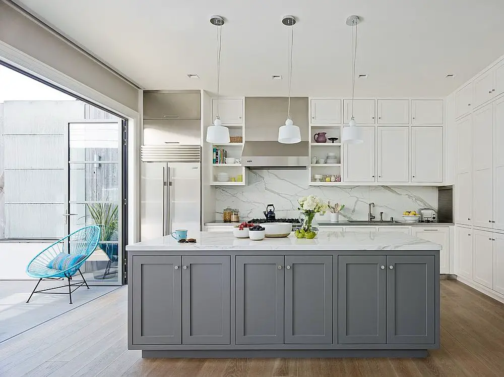 grey and white kitchen with island