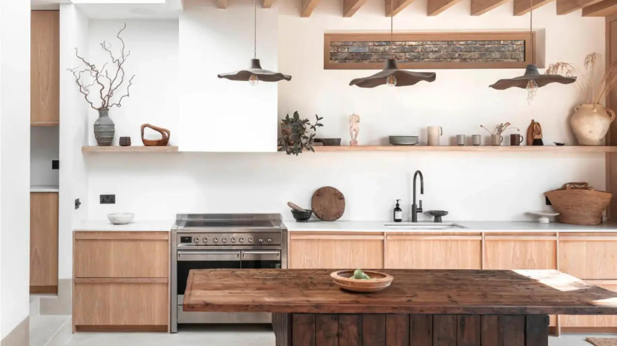 Minimalist Scandinavian kitchen with flat panel cabinets